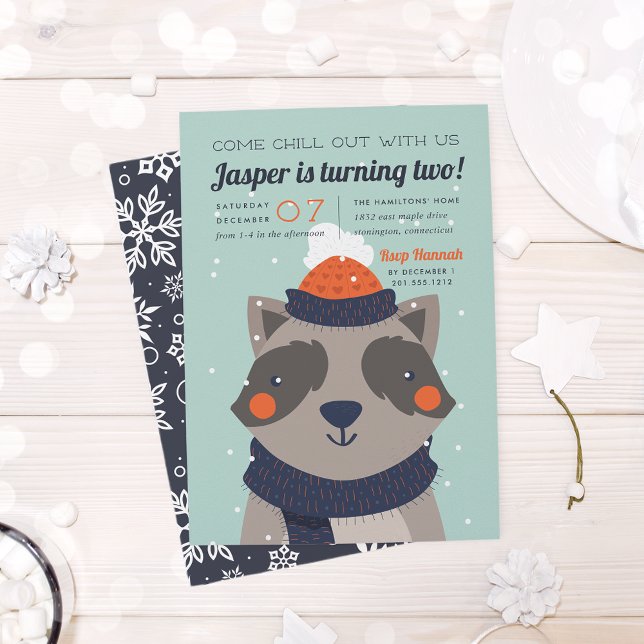 Invitación Salir | Fiesta de cumpleaños de Cute Winter Raccoo (Subido por el creador)