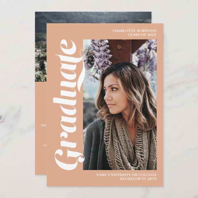 Invitación Salmon graduado 3 foto graduación (Anverso / Reverso)