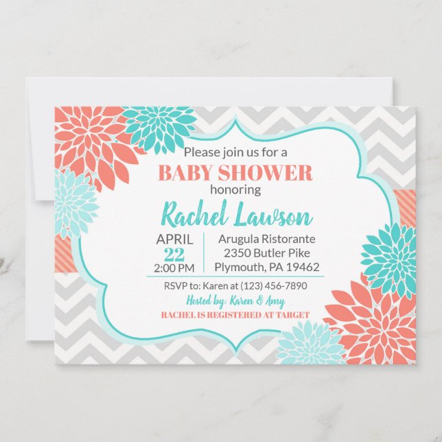 Invitación Salmon & Turquoise Blooms Floral Baby Shower (Anverso)