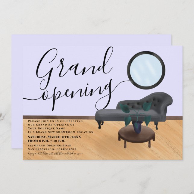 Invitación salón de belleza de ilustracion púrpura gran apert (Anverso / Reverso)