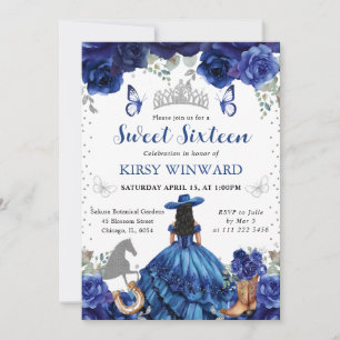 Invitación Salón de Belleza Princesa Vestido Azul Cabello Neg