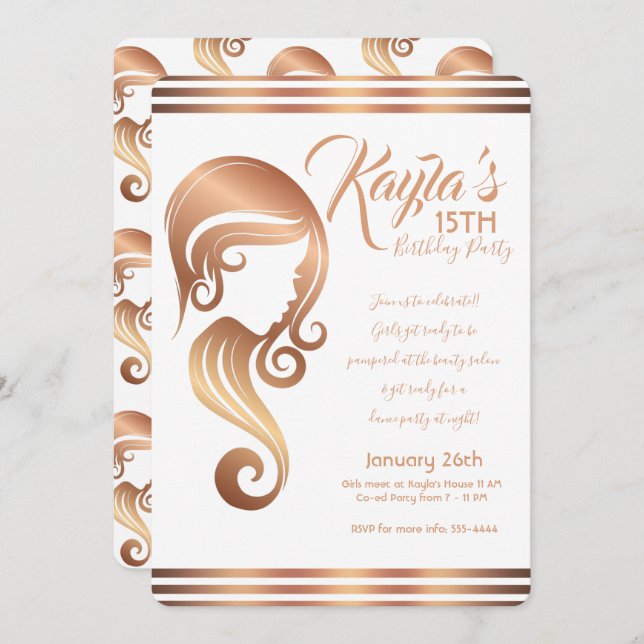 Invitación Salón de Belleza y Peluquería para Fiestas Rose Go (Anverso / Reverso)