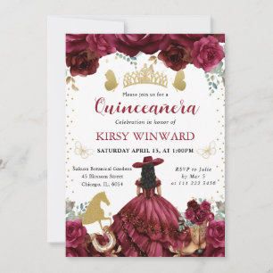 Invitación Salón de Vestido Rojo Cabello Negro Princesa Quinc