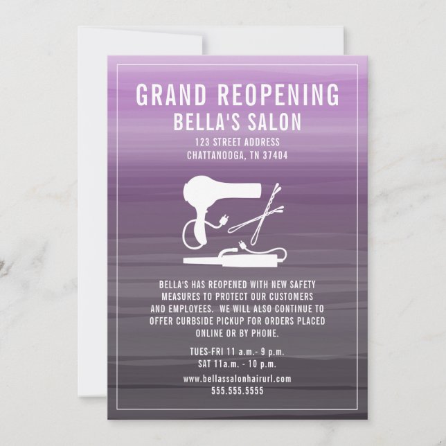 Invitación Salon del cabello reabriendo ómbre púrpura (Anverso)