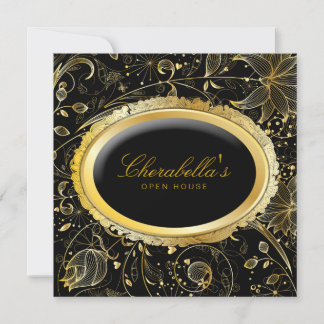 Invitación Salón Floral Oro Elegante Casa Abierta Promo