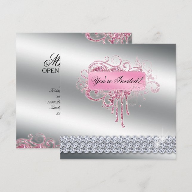 Invitación Salón Nail Elegante Purpurina Rosa (Anverso / Reverso)