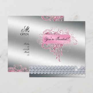 Invitación Salón Nail Elegante Purpurina Rosa