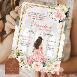 Invitación Salón Real Rosa Dorado Quinceañera