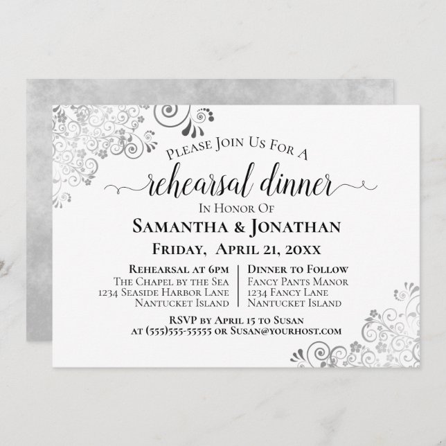 Invitación Salones de plata elegante ensayo de boda y cena (Anverso / Reverso)