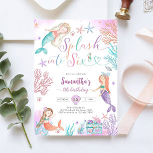 Invitación Salpica Cumpleaños de Seis Sirena Bajo El Mar