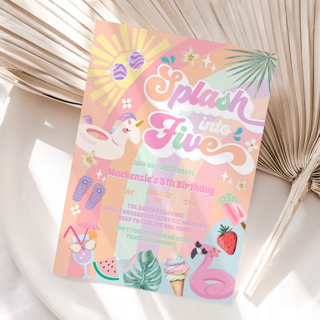 Invitación Salpica en Cinco Cumpleaños de Verano Arcoíris Sol (Subido por el creador)