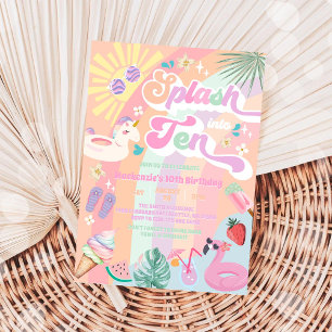 Invitación Salpica en Diez Cumpleaños Verano Arcoíris Sol 10 