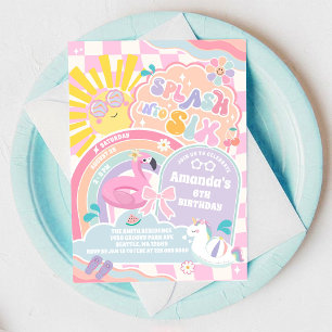 Invitación Salpica en Seis Cumpleaños Sol de Arcoíris 6