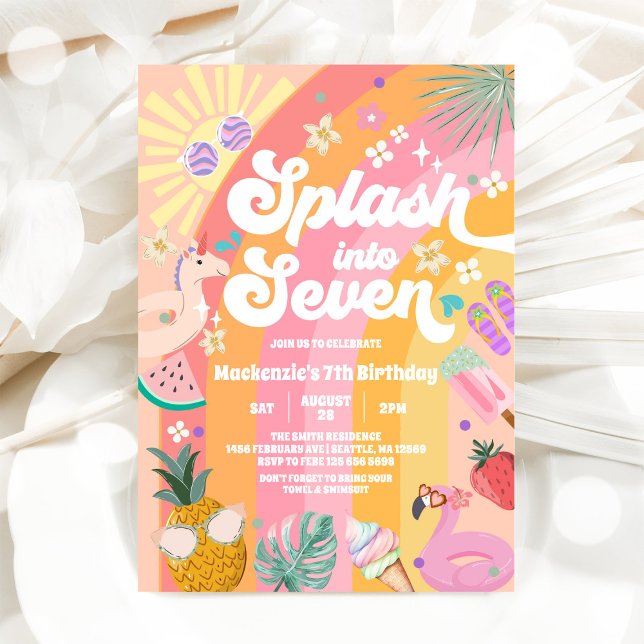 Invitación Salpica en siete arcoíris de verano cumpleaños 7 (Subido por el creador)