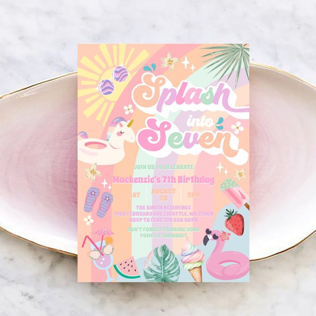 Invitación Salpica En Siete Cumpleaños De Sol De Arcoiris De  (Subido por el creador)