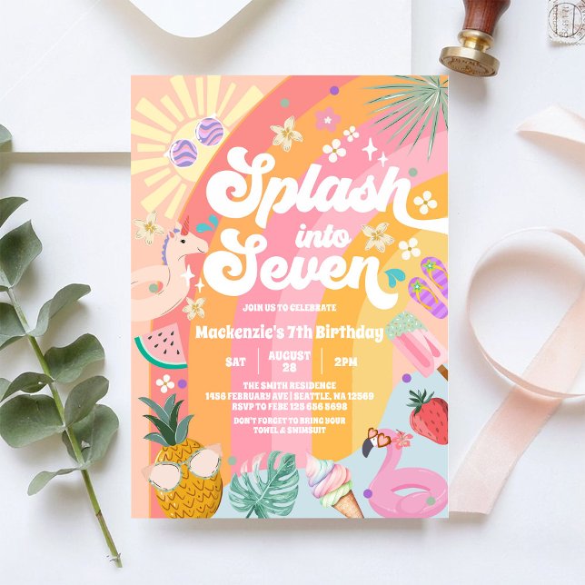 Invitación Salpica En Siete Cumpleaños De Verano Arcoíris Sol (Subido por el creador)