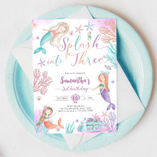 Invitación Salpica En Tres Cumpleaños De Sirena Bajo El Mar