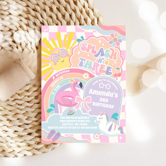 Invitación Salpica en tres fiesta de piscina arcoíris cumplea
