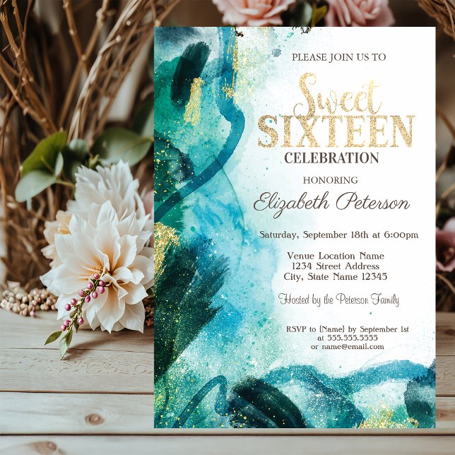 Invitación Salpicadura de dolor abstracto Dorado  Dulce 16 (Subido por el creador)