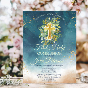Invitación Salpicadura de pintura Cruz floral Primera Comuni