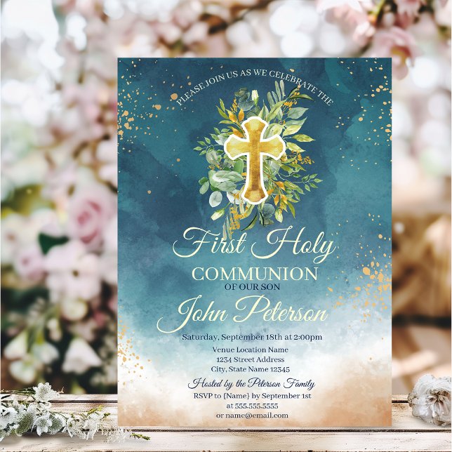 Invitación  Salpicadura de pintura Cruz floral Primera Comuni (Subido por el creador)