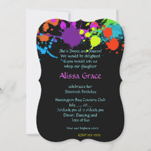 Invitación Salpicadura de pintura de neón, dulces dieciséis, 