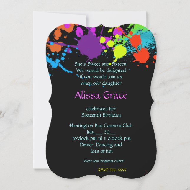Invitación Salpicadura de pintura de neón, dulces dieciséis,  (Anverso)