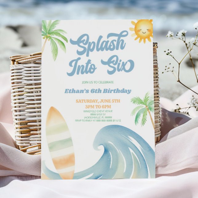 Invitación Salpicadura en seis fiesta de cumpleaños de surf d (Subido por el creador)