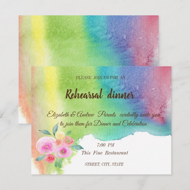 Invitación Salpicadura moderna de acuarela, cena de ensayo de (Anverso / Reverso)
