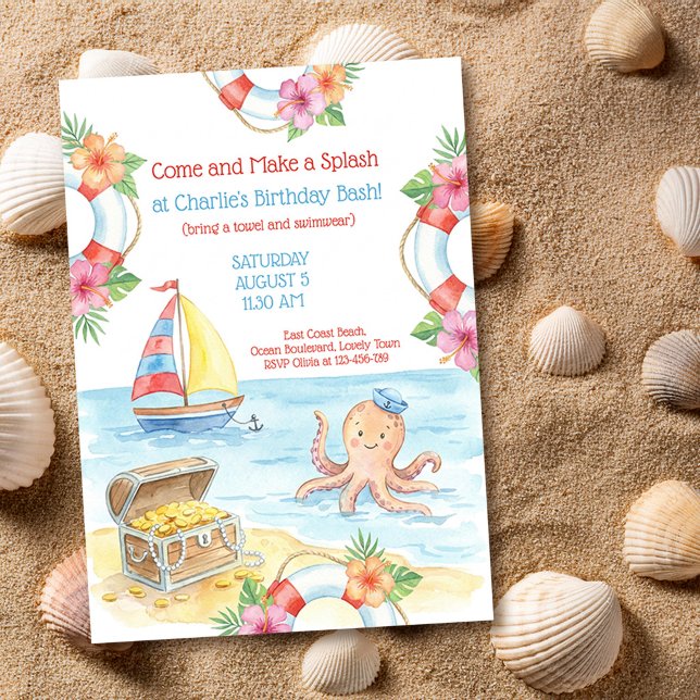Invitación Salpicadura Náutica Océano Tropical Cumpleaños Niñ (Cute kids splash party birthday invitation by Darling & May)