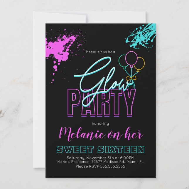 Invitación Salpicaduras de pintura de neón Glow In The Dark p (Anverso)