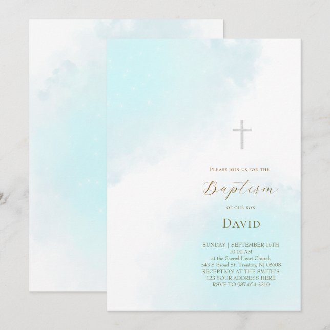 Invitación salpicaduras de tinta azul pastel Bautizo (Anverso / Reverso)