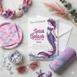 Invitación Salpicaduras Fiesta de Cumpleaños de Sirena en la