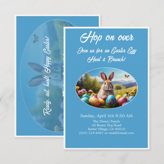 Invitación Salta la Caza de Huevos Brunch Easter Rabbit azul  (Anverso / Reverso)