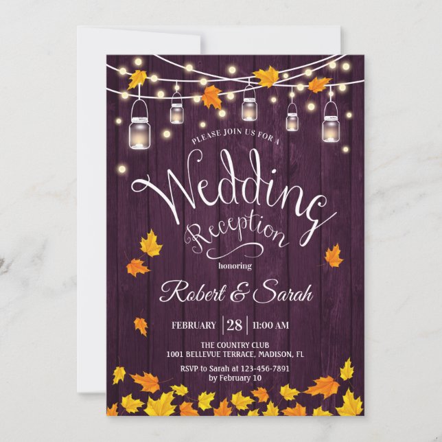 Invitación Salta Madera Púrpura Cae La Recepción De Boda Rúst (Anverso)