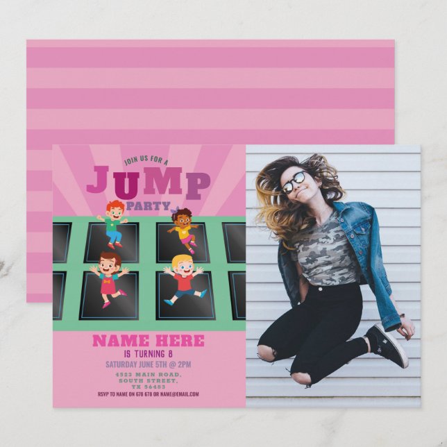 Invitación Saltar Chicas de cumpleaños de Trampoline Foto ros (Anverso / Reverso)