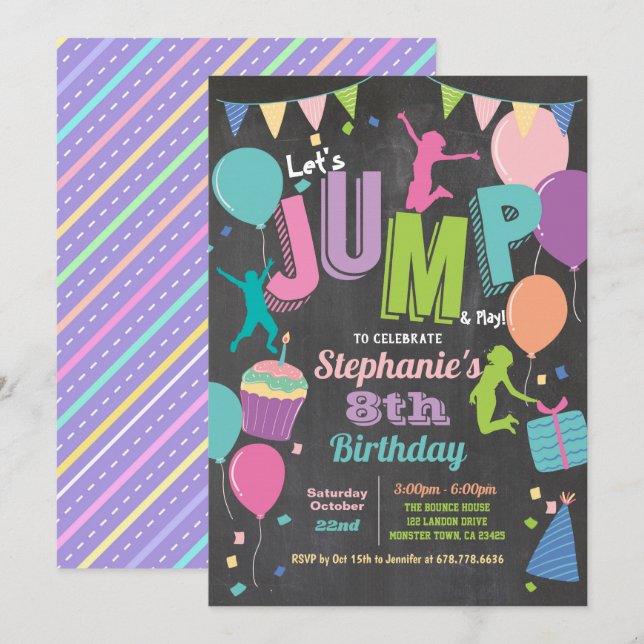 Invitación Saltar fiesta de cumpleaños. Chicas trampolín (Anverso / Reverso)