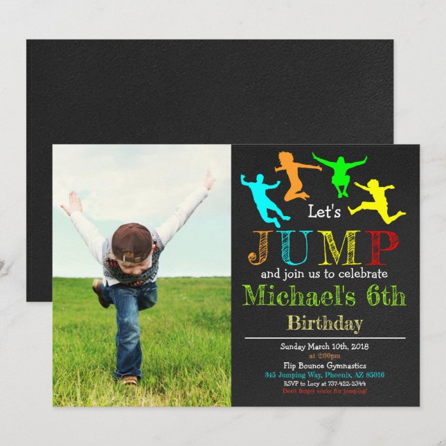Invitación Saltar Gimnasia Flip Chalkboard Boy Cumpleaños (Anverso / Reverso)