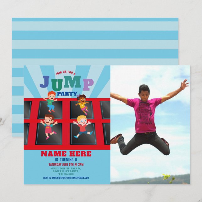 Invitación Saltar Trampoline Birthday Blue Boys Photo (Anverso / Reverso)