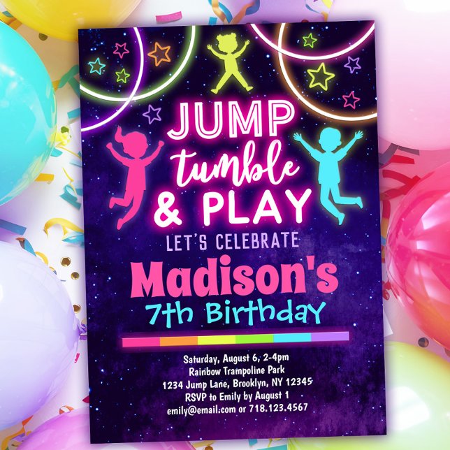 Invitación Saltar Tumble y Jugar Chicas de Trampoline Park Cu (Subido por el creador)