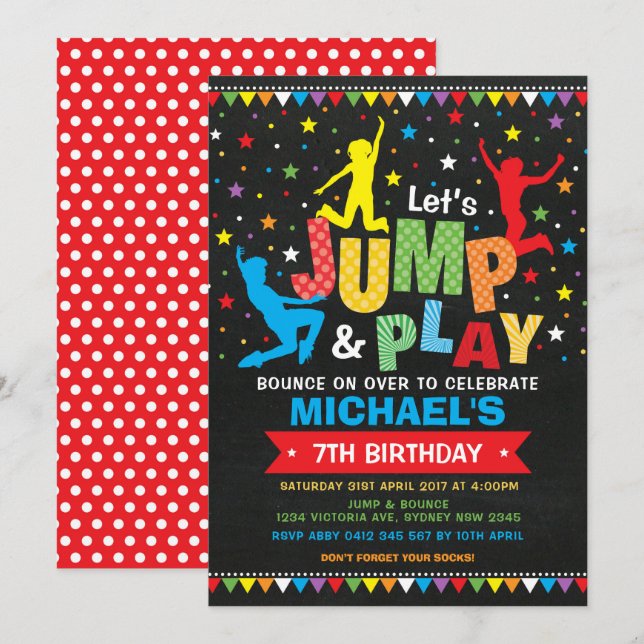Invitación ¡Salte, despida, juegue! Fiesta de cumpleaños del (Anverso / Reverso)