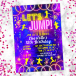 Invitación Saltemos a atacar a Neon Pink Trampoline Birthday<br><div class="desc">Saltemos la invitación a la fiesta de cumpleaños con luces de neón vívidas en azul y púrpura,  y texto en rosa,  blanco y amarillo,  genial para un parque trampolín o una fiesta de cumpleaños en casa de rebote para chicas.</div>