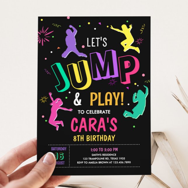 Invitación Saltemos y jueguemos la fiesta de cumpleaños del C (Let's Jump and Play Birthday Party Invitation)