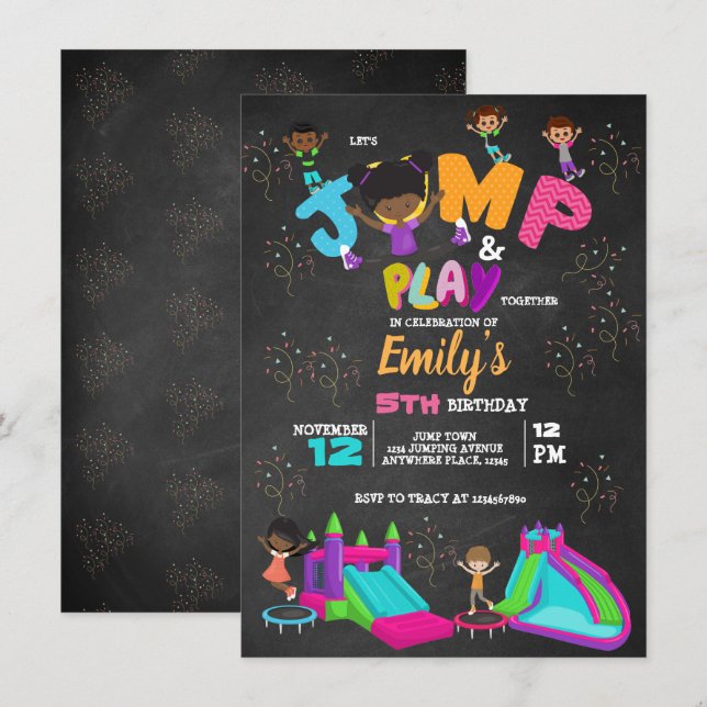 Invitación Salto Cumpleaños Bgramo Trampoline Colorful (Anverso / Reverso)