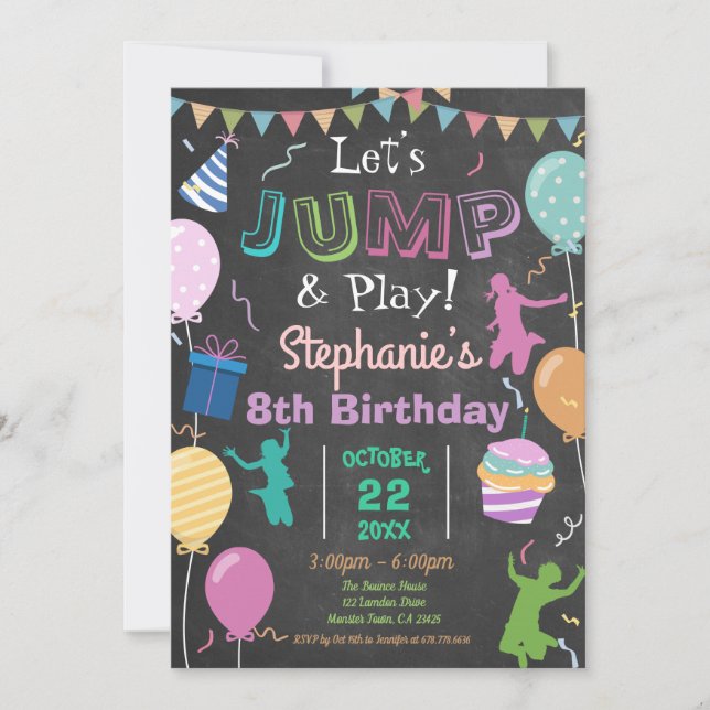 Invitación Salto Cumpleaños Chalkboard Kid Trampoline Fiesta (Anverso)