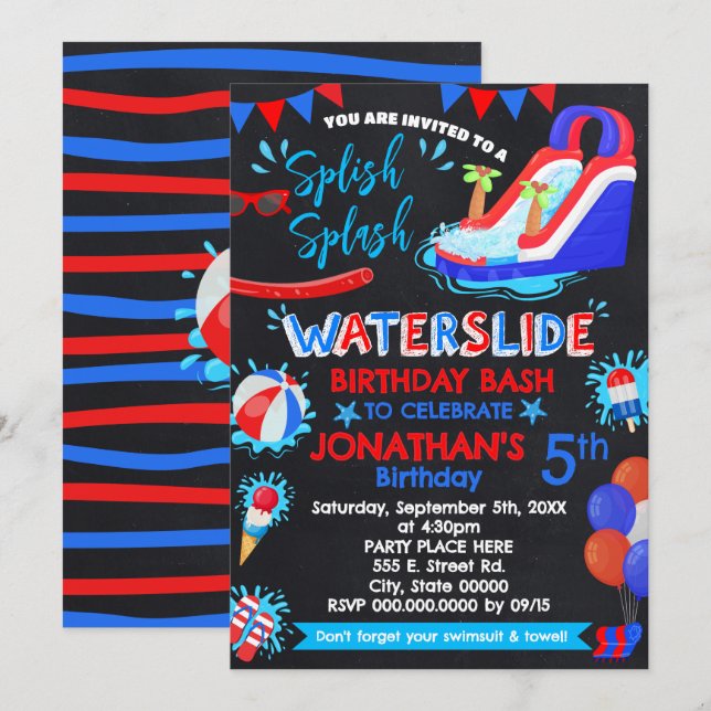 Invitación Salto de agua Splish Splash Nacimiento Azul Blanco (Anverso / Reverso)