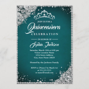 Invitación Salto de encaje de diamantes Verde azulado Quincea