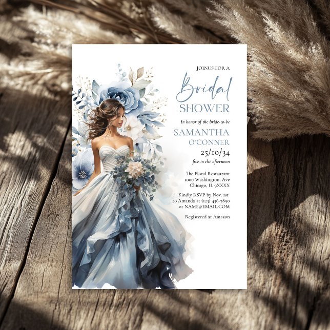 Invitación Salto floral azul turbio eucalipto boda vestido (Dusty blue floral sage eucalyptus wedding gown invitation)