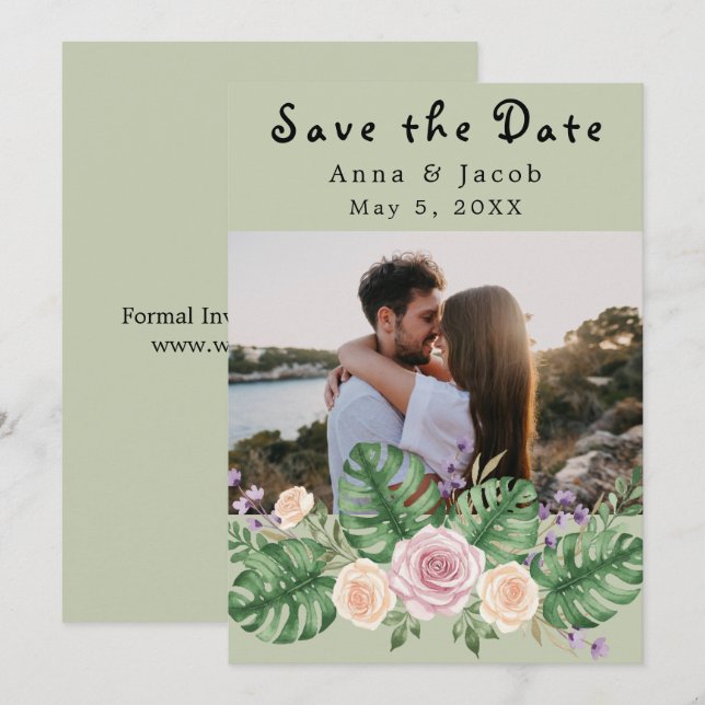 Invitación Salto floral moderno de la hoja de Monstera (Anverso / Reverso)