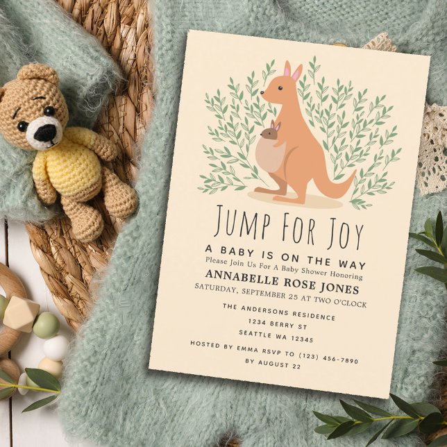 Invitación Salto para Joy Cute Kangaroo Baby Shower (Mock-Up Background provided by Freepik)